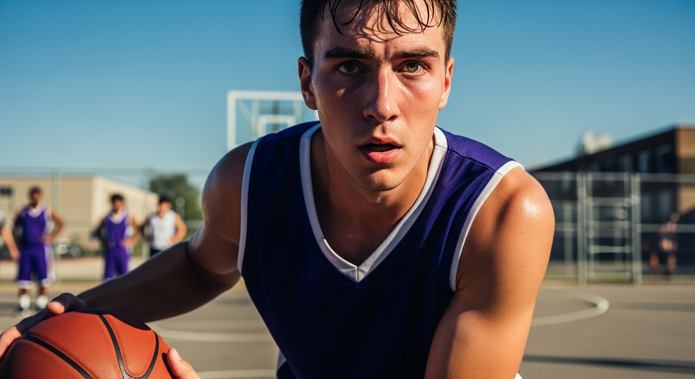 Young man, sweat-soaked, intensely focused while dribbling a basketball on a sun-drenched, gritty urban court.