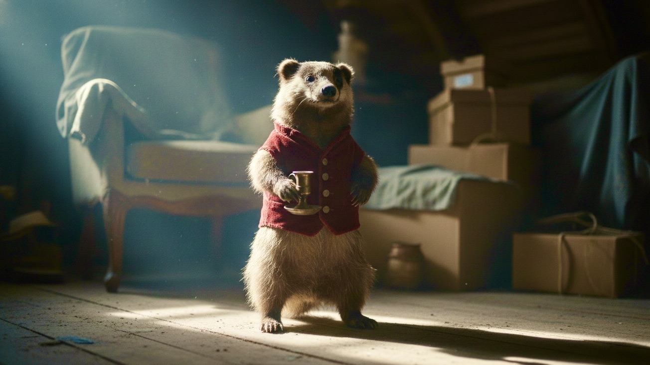 A taxidermied badger wearing a red velvet vest and holding a candlestick standing on a dusty attic floor.