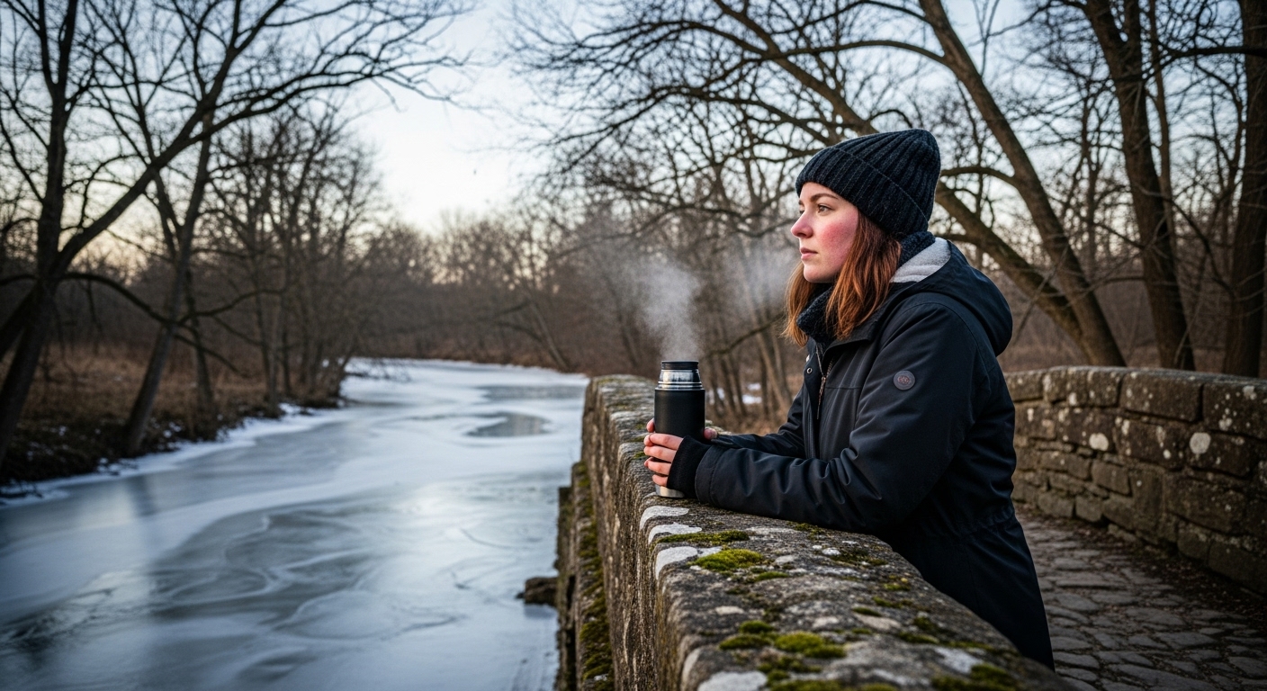 Young woman on a frozen bridge, holding a steaming cup, surrounded by bare winter trees.