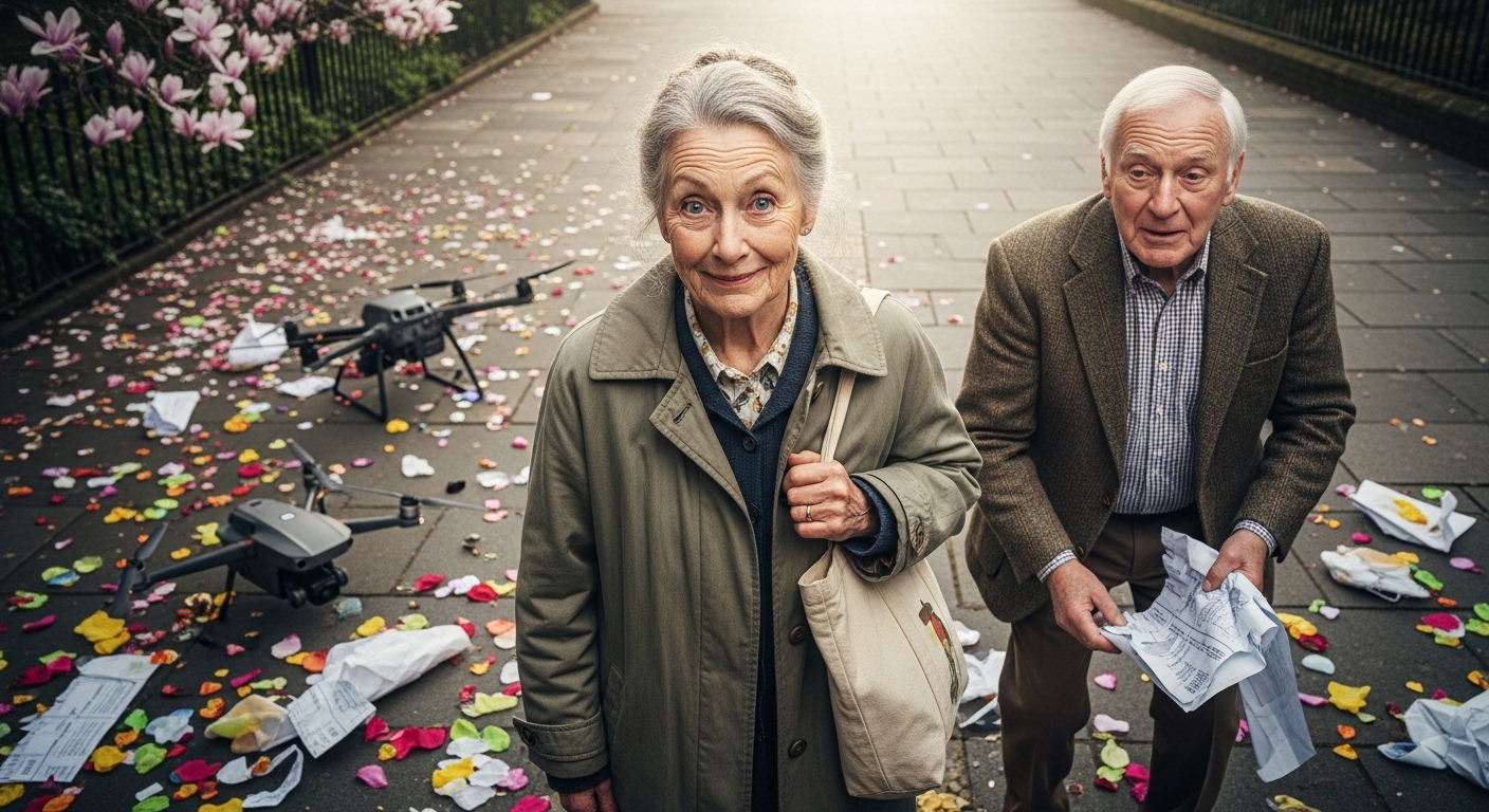 Elderly woman, Evy, stands amused amidst colourful debris, while elderly man, Andy, tries to clean it up, a broken drone nearby.