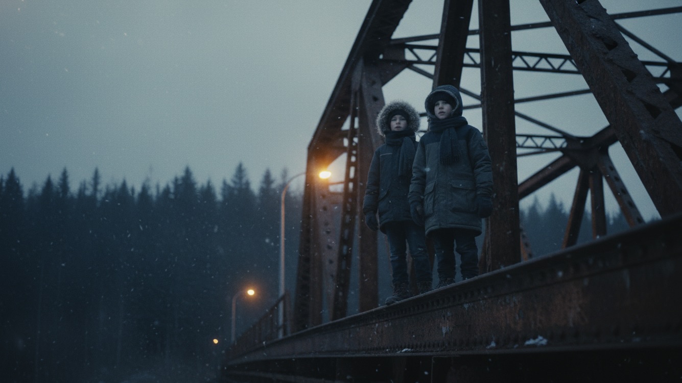 Two boys on a snowy bridge in winter twilight, one clutching a jacket, looking down.