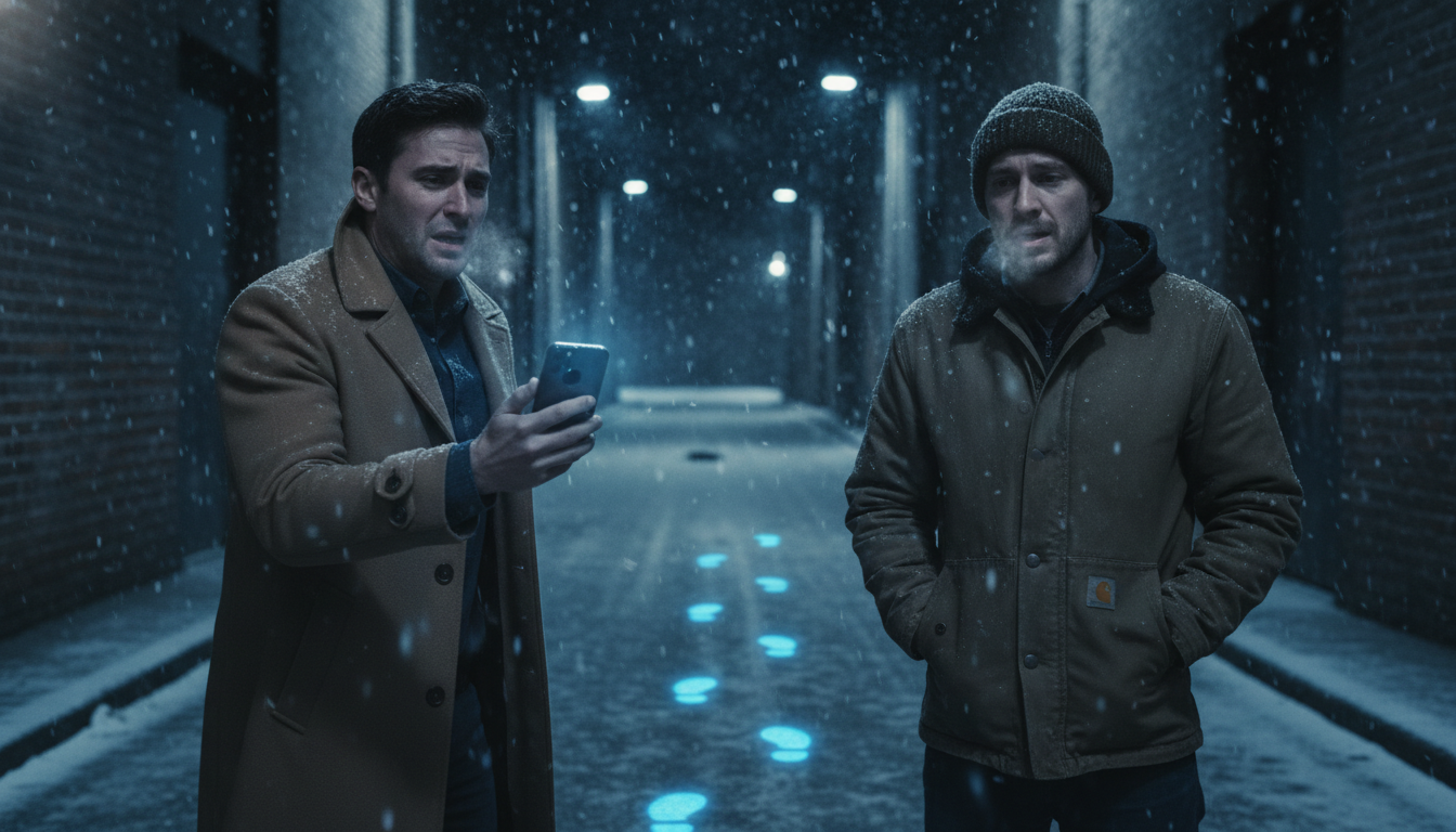 Two men standing in a snowy alleyway at night, looking at blue painted footprints on the ground.