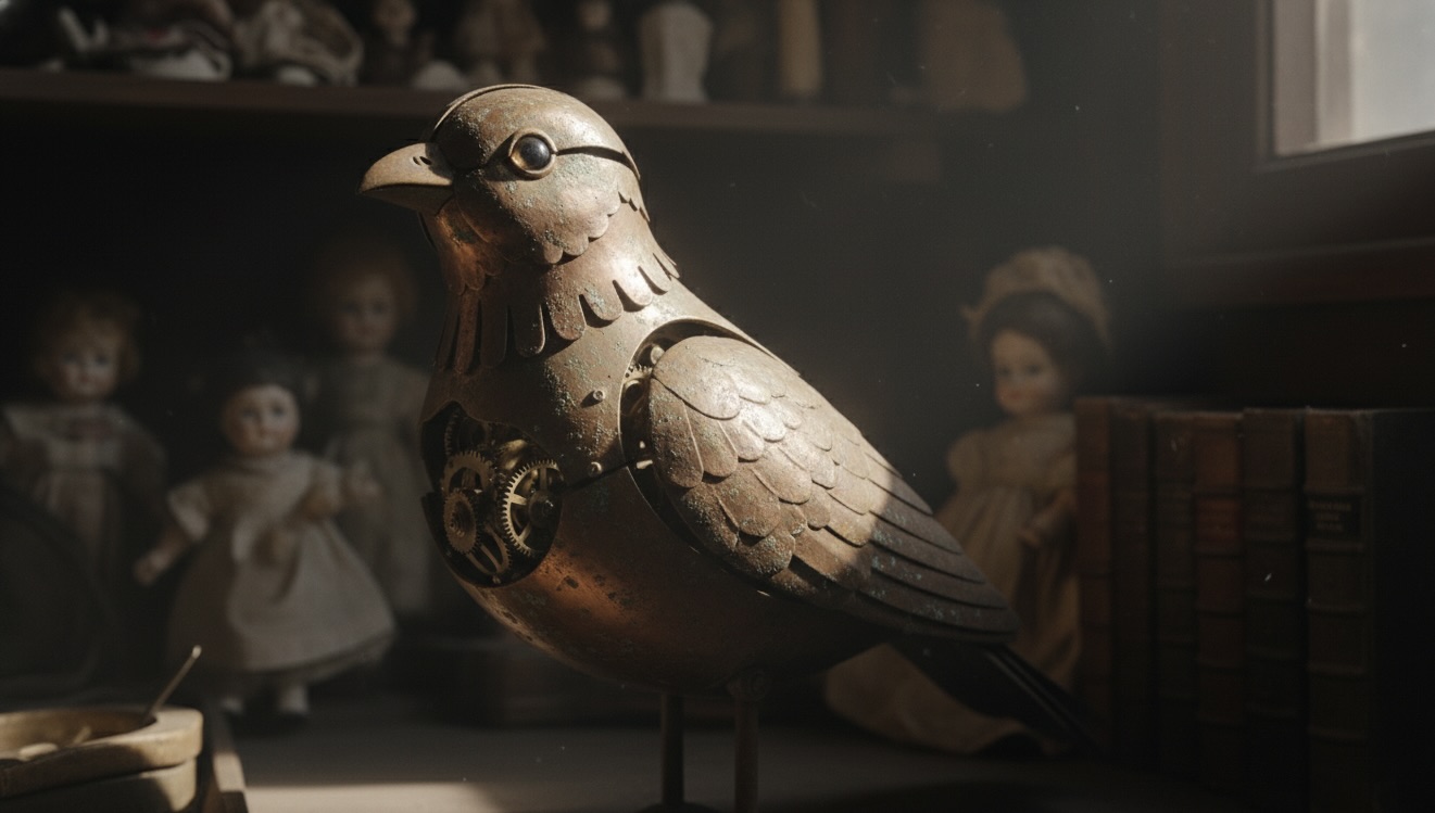 A tarnished brass mechanical bird on a dusty shelf in an antique shop.