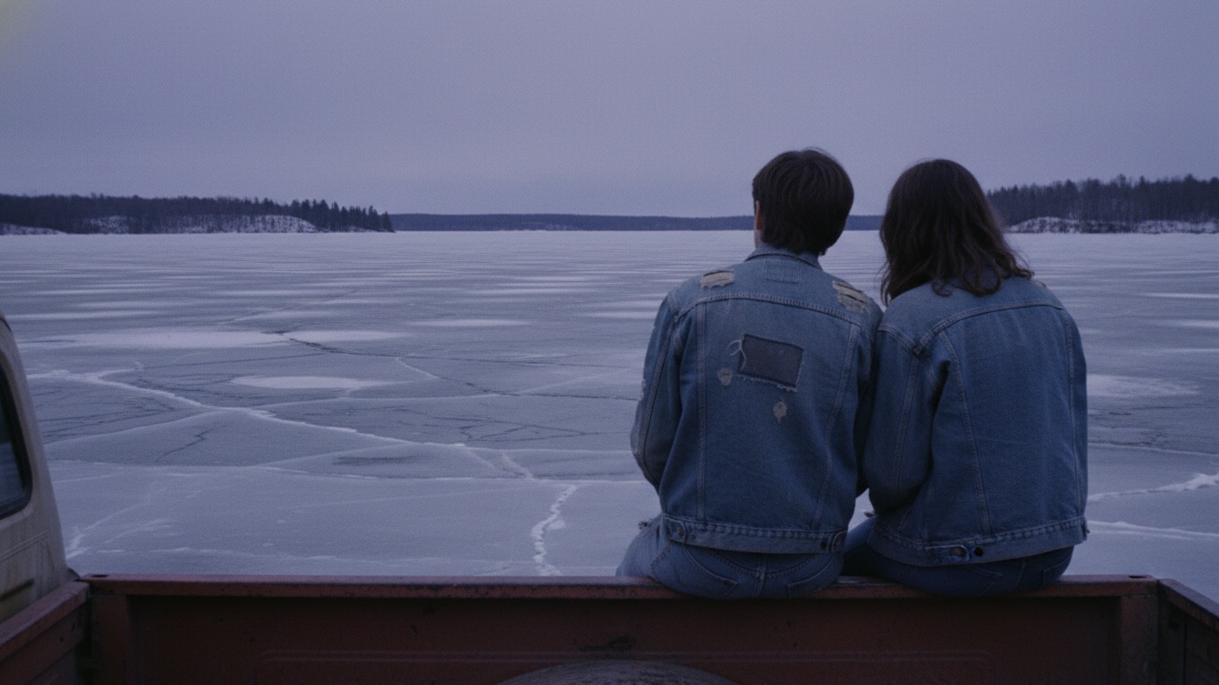 Two friends sitting on a truck tailgate looking out over a frozen lake at twilight.