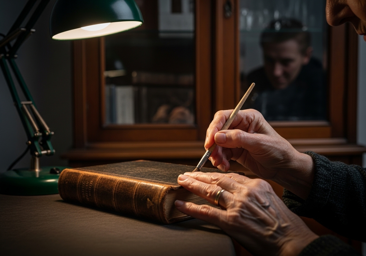 Close-up on an elderly woman's hands repairing an old book, with the reflection of a threatening man in a cabinet behind her.