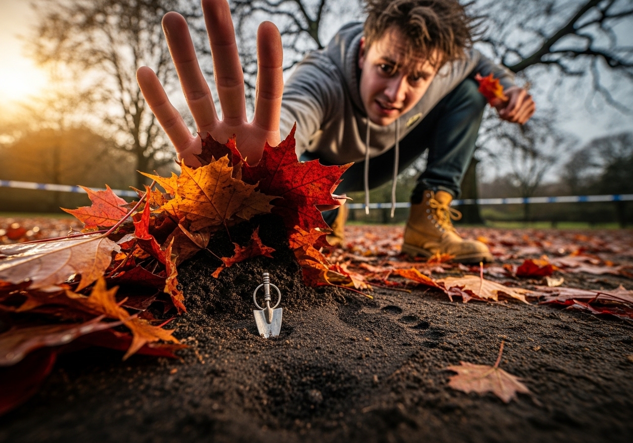 Young man discovers a strange, toe-like footprint with a tiny trowel earring embedded in it, under autumn leaves.