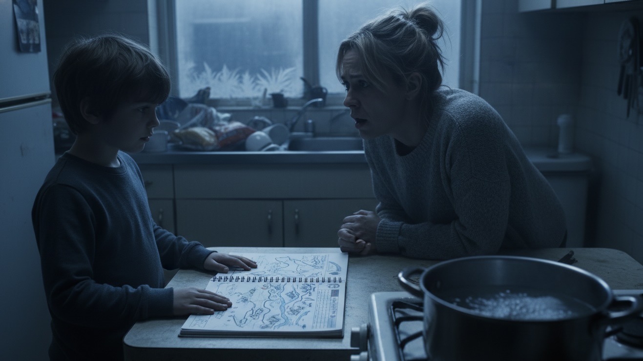 A young boy showing his mother a notebook full of data maps in a dimly lit kitchen.