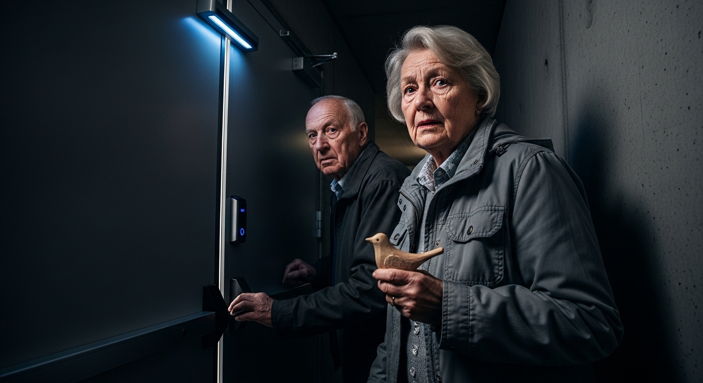An elderly woman clutches a wooden bird, her face etched with fear, as an elderly man looks back at a closing door in a stark, futuristic hallway.