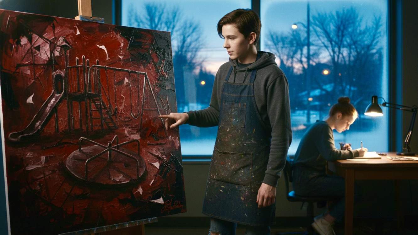 A boy and his mentor discuss a painting of a broken playground in an art studio.