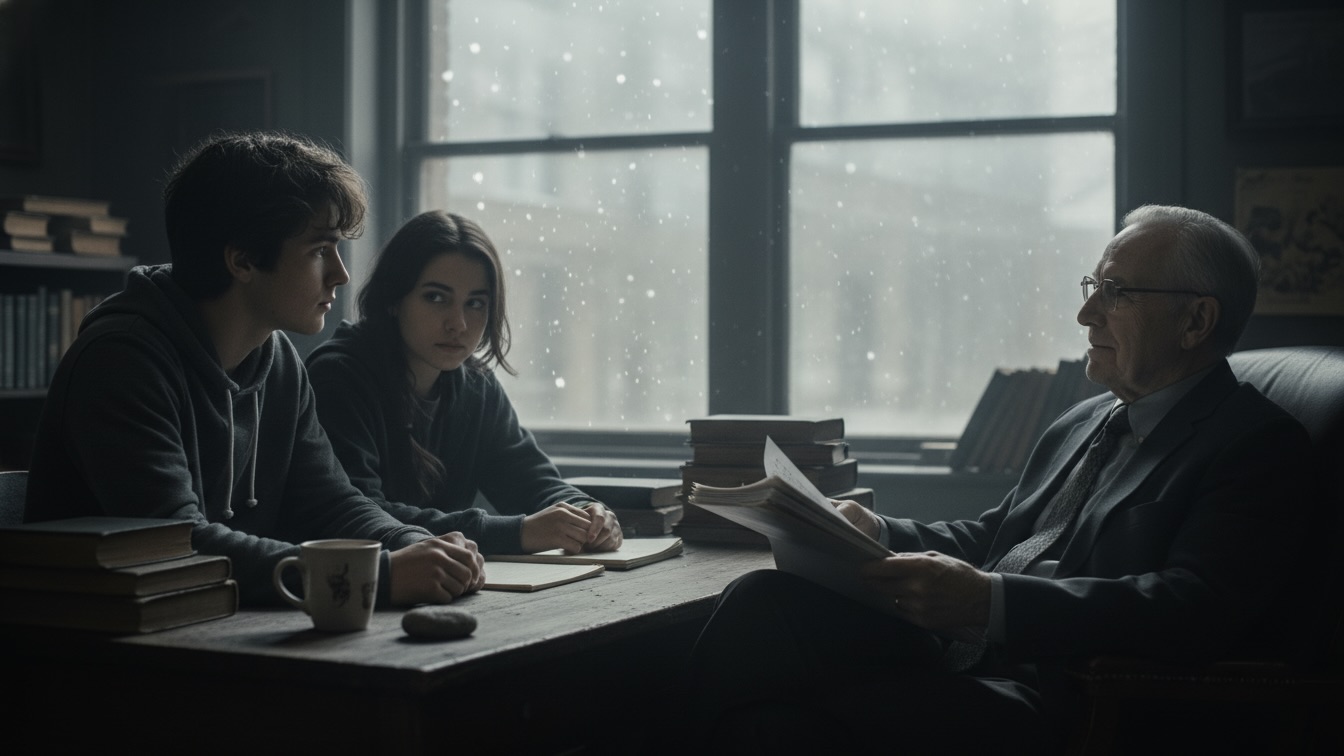 Two teenagers, Steven and Jane, sitting in a professor's office during winter, discussing a new project. Snow falls outside the window.