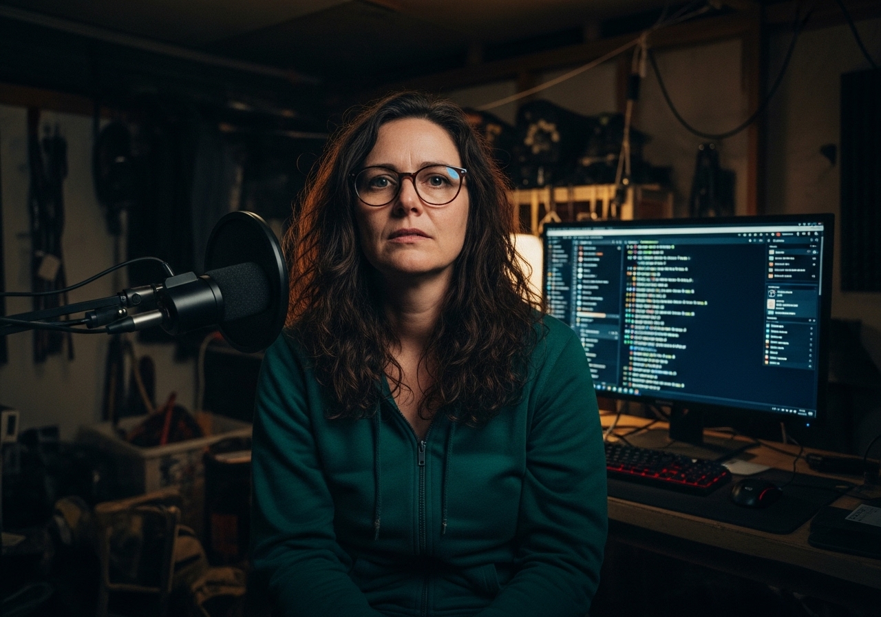 A weary-looking health official is confronted in a vlogger's garage studio, the glow of an online chat room reflected in her glasses.