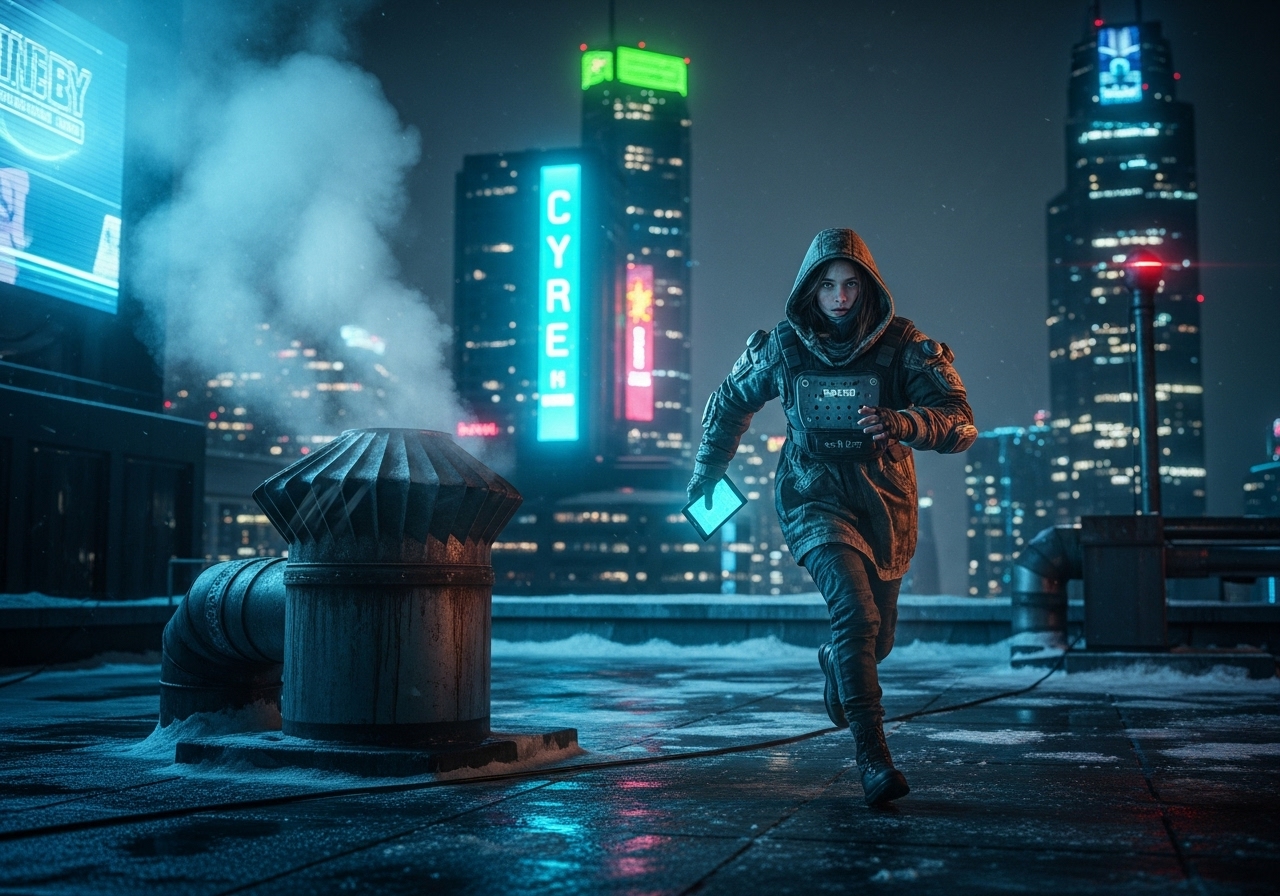 Teenage girl in a cyberpunk city sprinting across an icy rooftop at night, glowing datapad in hand.