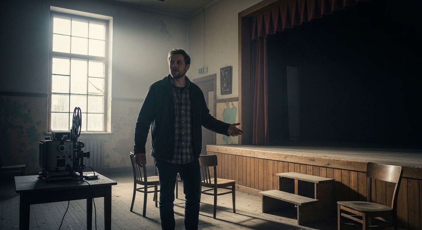A man in his late 30s stands in an old, dusty community hall, gesturing towards a wooden stage bathed in pale autumn light.
