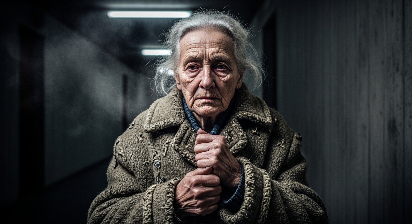 An elderly woman, Margot, stands in a cold, concrete hallway, her face showing deep weariness.