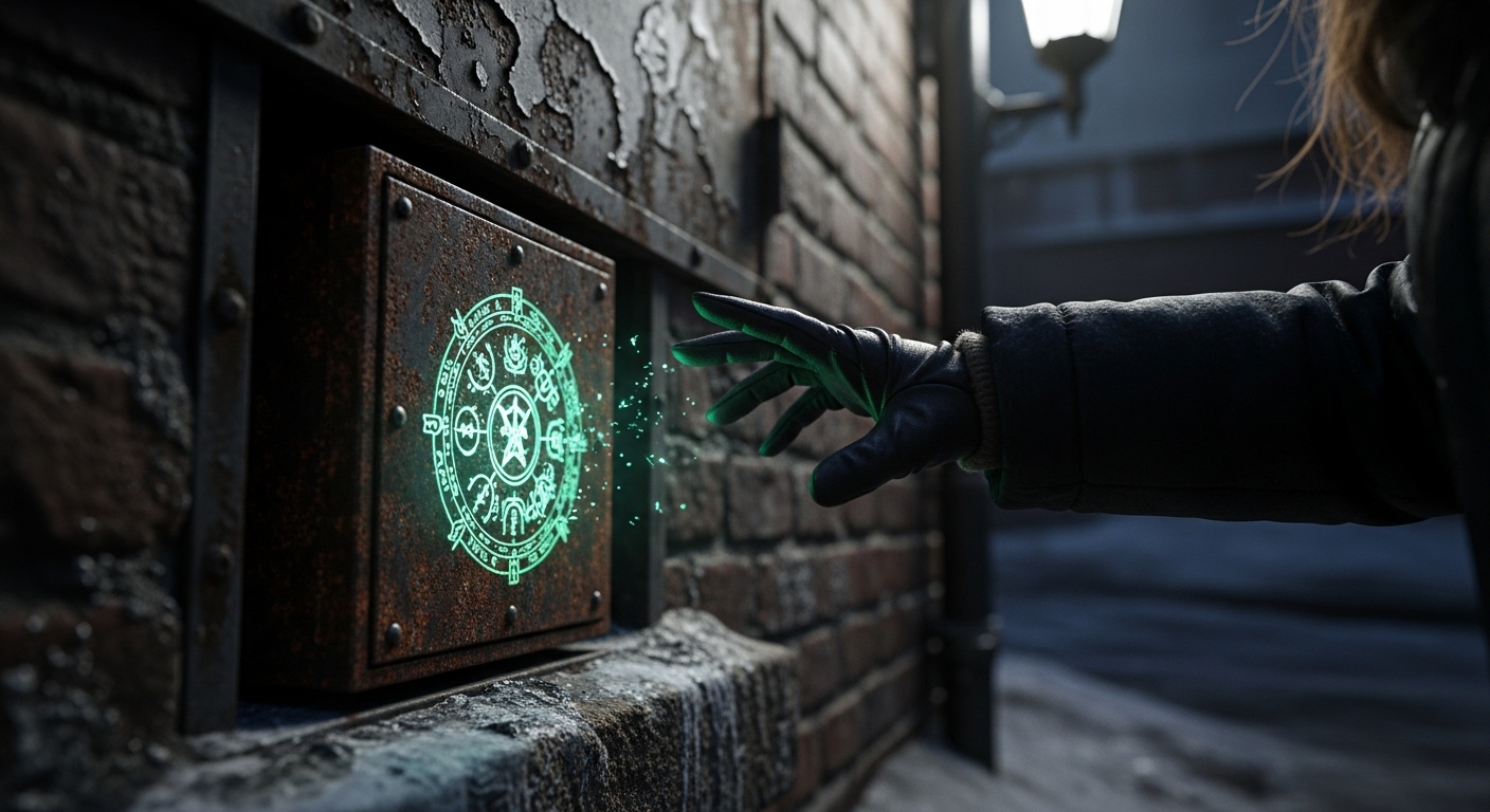 A gloved hand reaches for an old, glowing metal box in a dark alley.