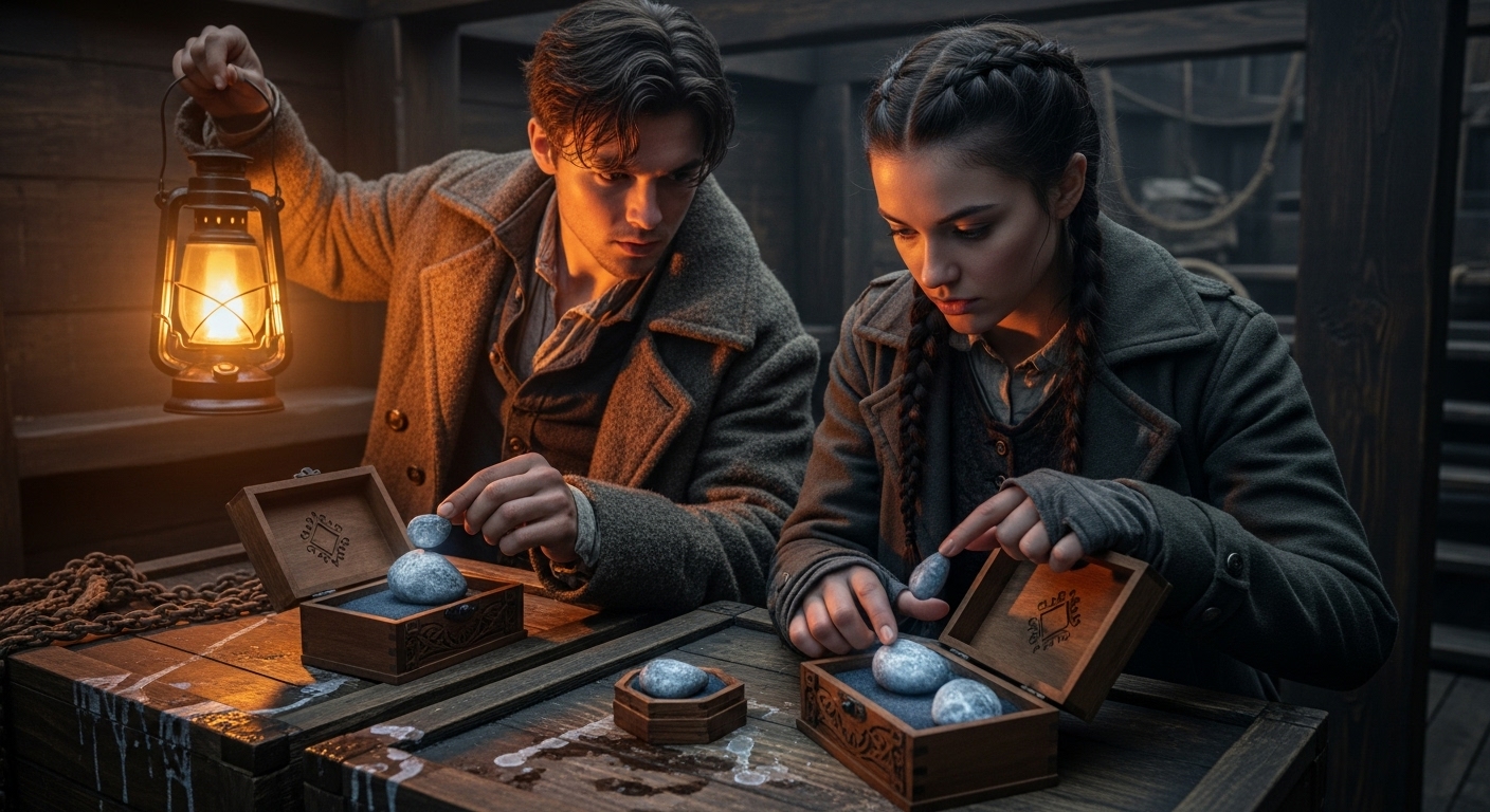 Young privateers examine glowing, cold star-stones in a ship's hold.