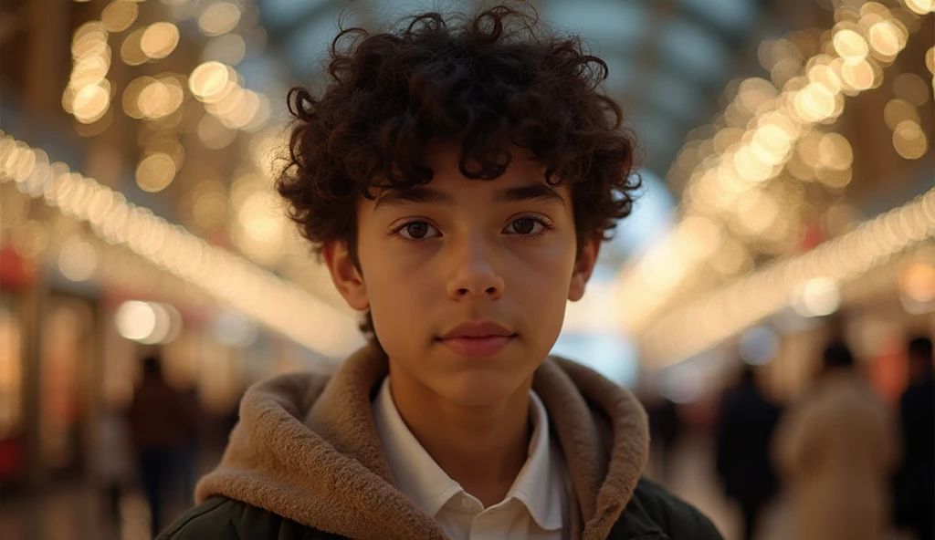 A young boy gently offers an orange to an older, weary woman in a brightly lit shopping mall food court.