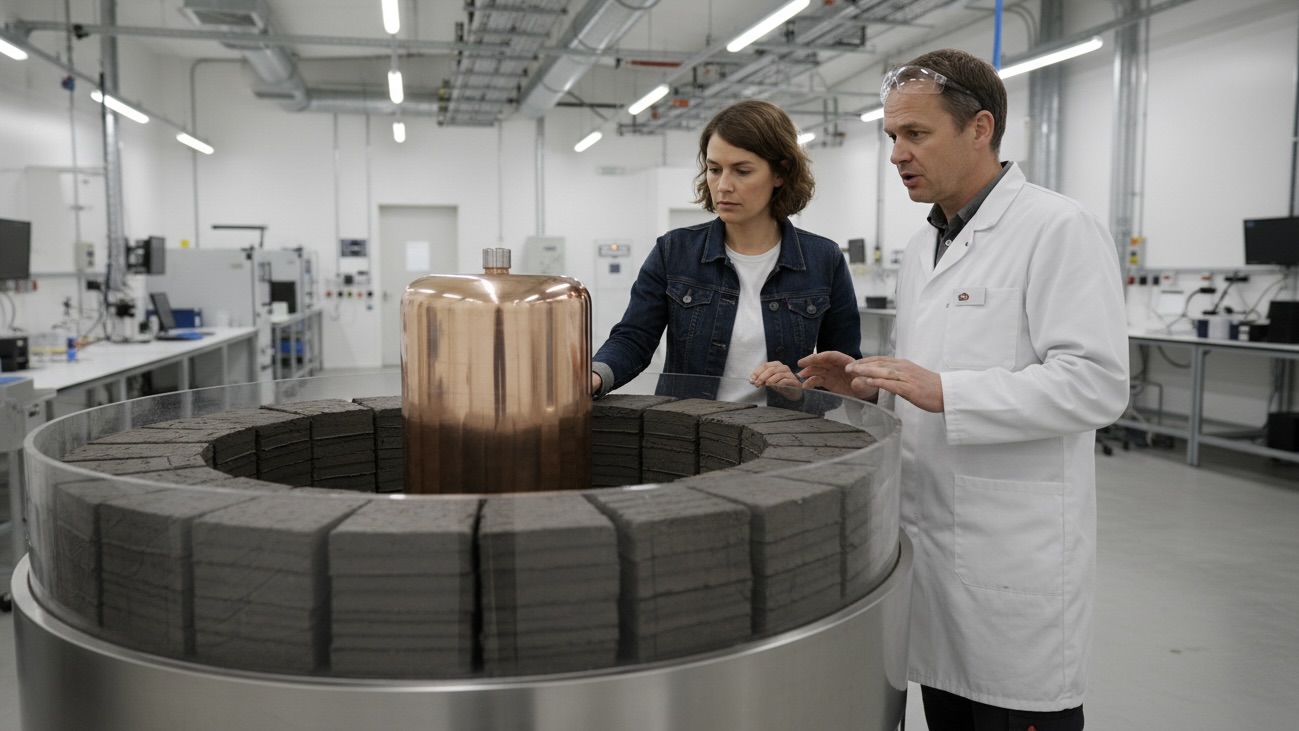 A woman touches a display of bentonite clay rings surrounding a copper nuclear waste canister while a scientist looks on.