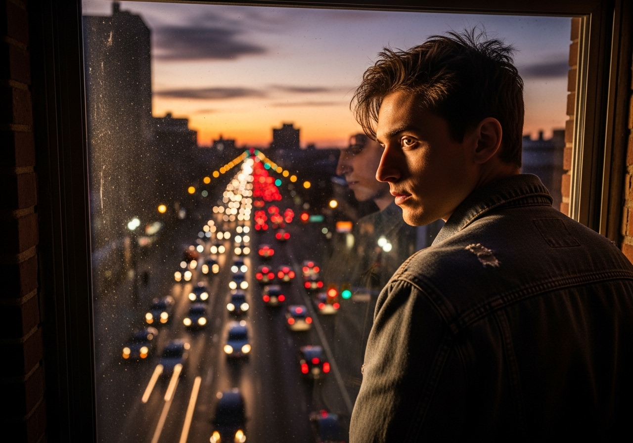 A young artist watches Winnipeg rush hour from a grimy window, sunset colours reflecting on the glass.