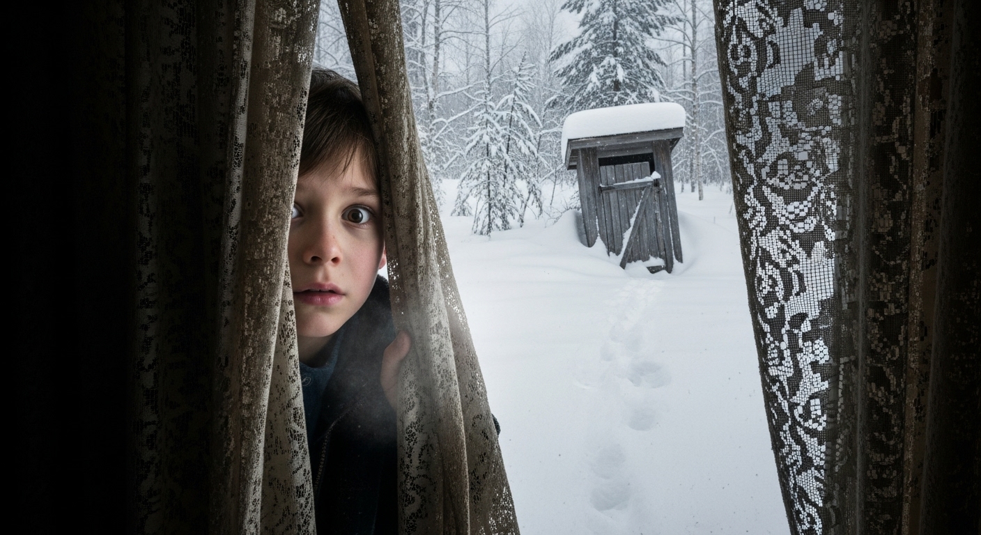 A young boy peeking through a curtain at a snowy outhouse, looking anxious.