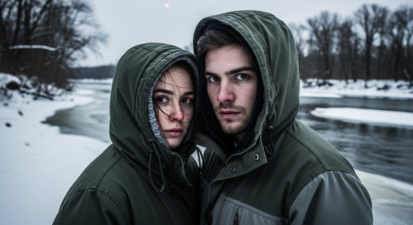 A young couple in winter parkas stand on a desolate, partially frozen riverbank, looking up at a distant red light in the grey sky.