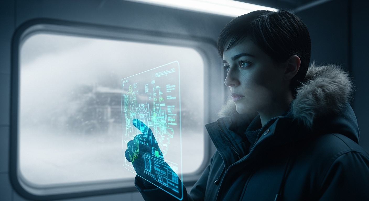 A young technician observes a glowing holographic display during a blizzard at a remote research station.
