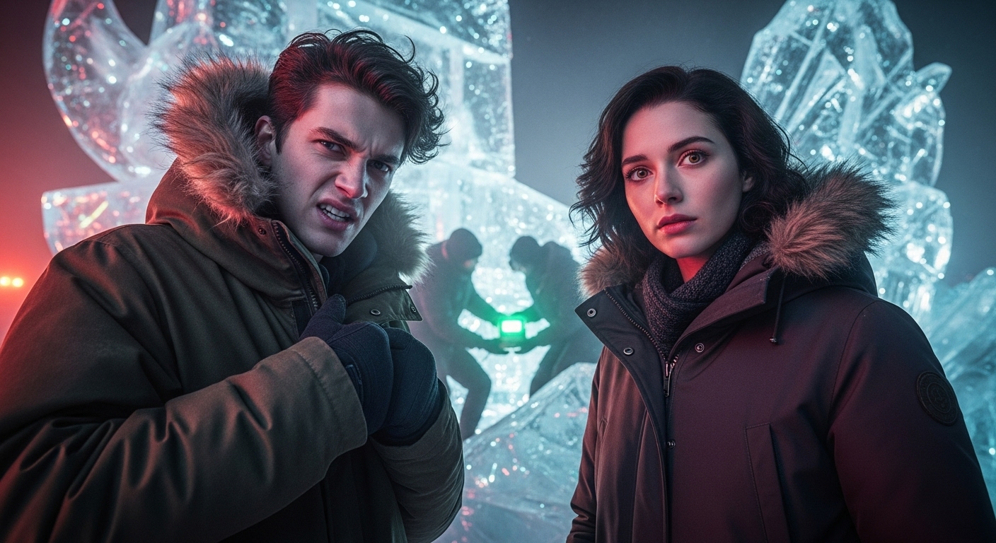 Two young adults, Dill and Cassie, stand amidst shattered ice under artificial lights, witnessing mysterious figures remove a glowing object.