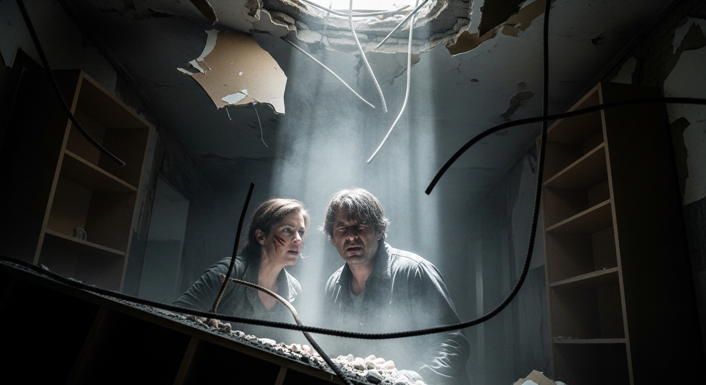 Two dust-covered adults, a man and a woman, amidst the debris of a collapsed building, looking at each other with concern.