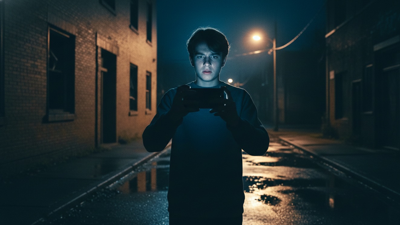 A teenager stands on a dark street at night, illuminating his face with a smartphone while taking a picture of a spooky alleyway.