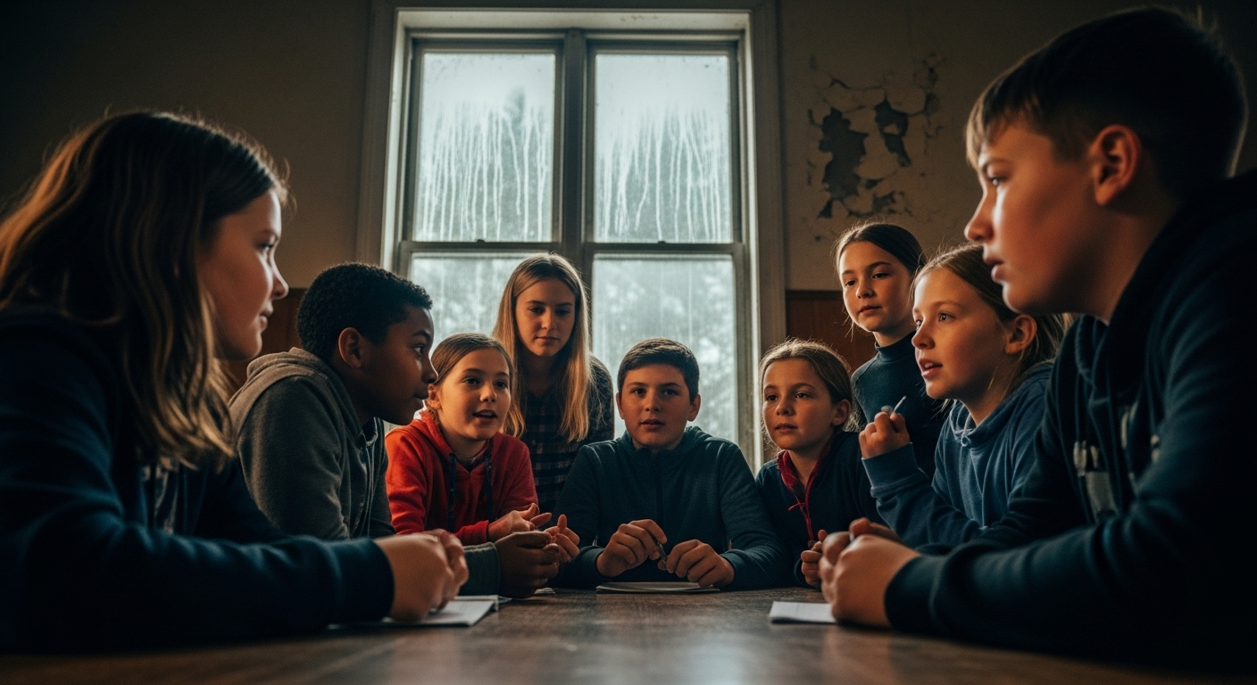 Children and young adults gathered around a table in a old community hall, rain visible through a window.