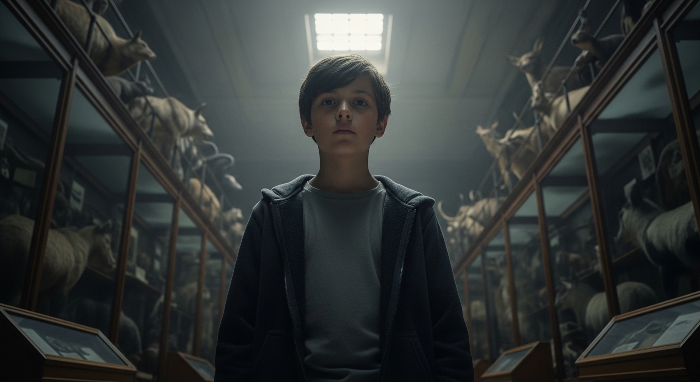 A young boy stands alone and tense in the shadowy, dusty hall of a natural history museum.