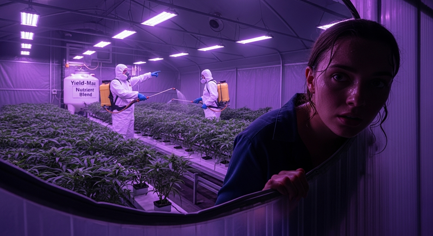 Young reporter secretly observing a high-tech hydroponic farm at night.