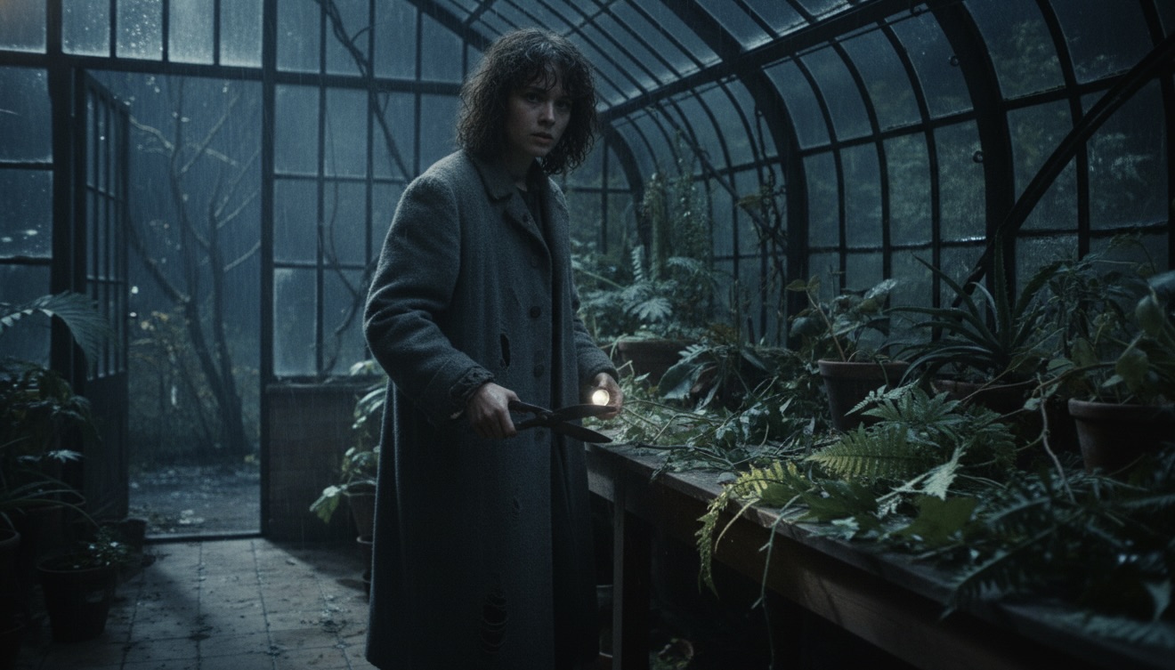A woman holding shears in a dark, overgrown greenhouse illuminated by a flashlight beam.