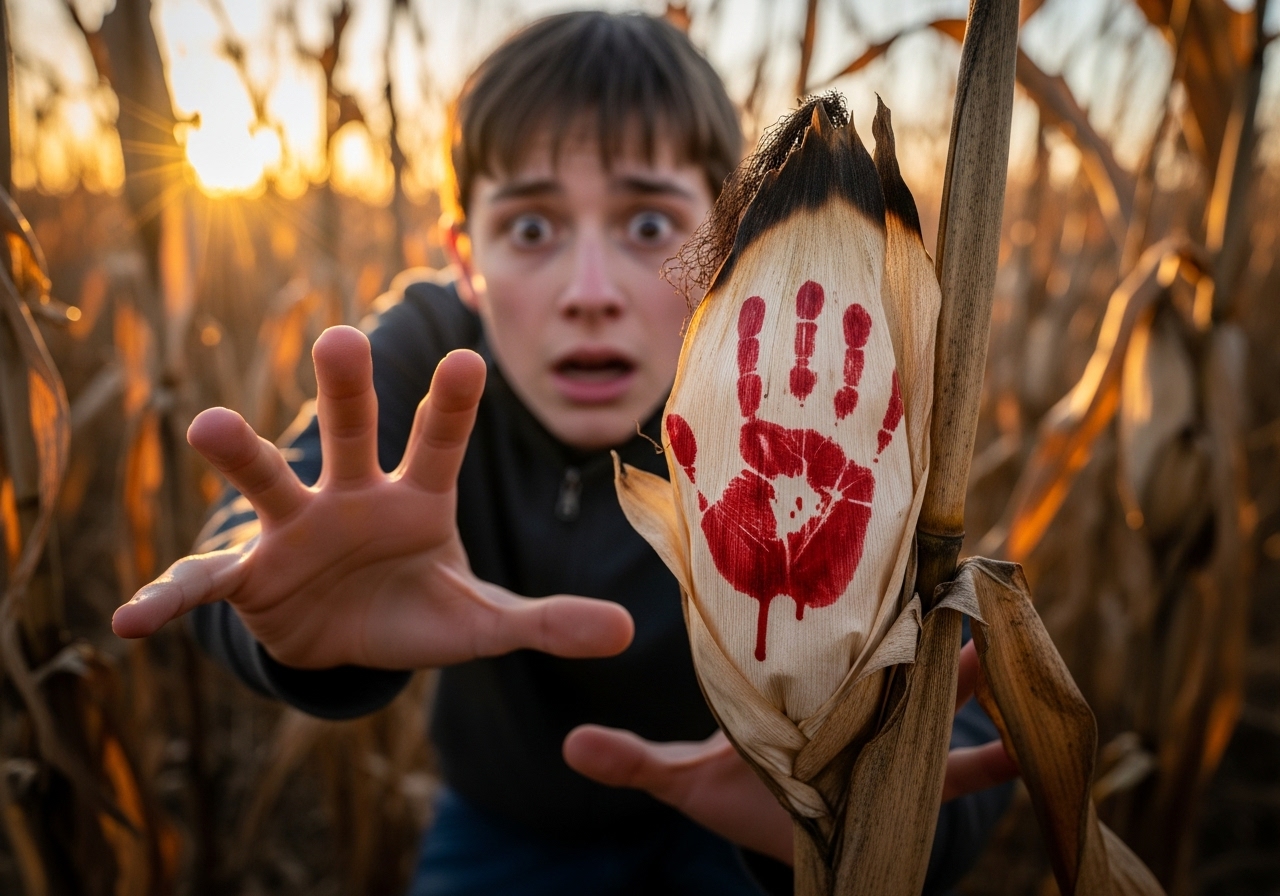 A terrified teenage boy in a cornfield stares at a bloody handprint that has appeared on a corn husk.