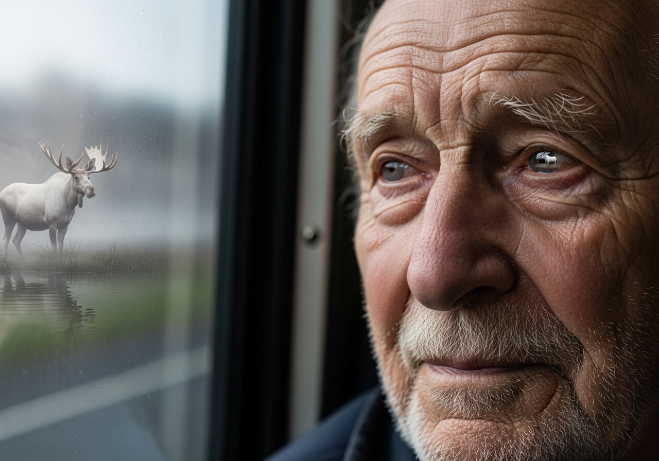 A close-up of an old man's face as he looks out a bus window, where the reflection shows a ghostly white moose in a swamp.