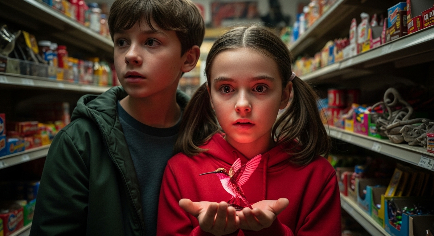 A young girl holding a glowing crimson hummingbird figurine in a dusty convenience store aisle, with an older boy standing behind her.
