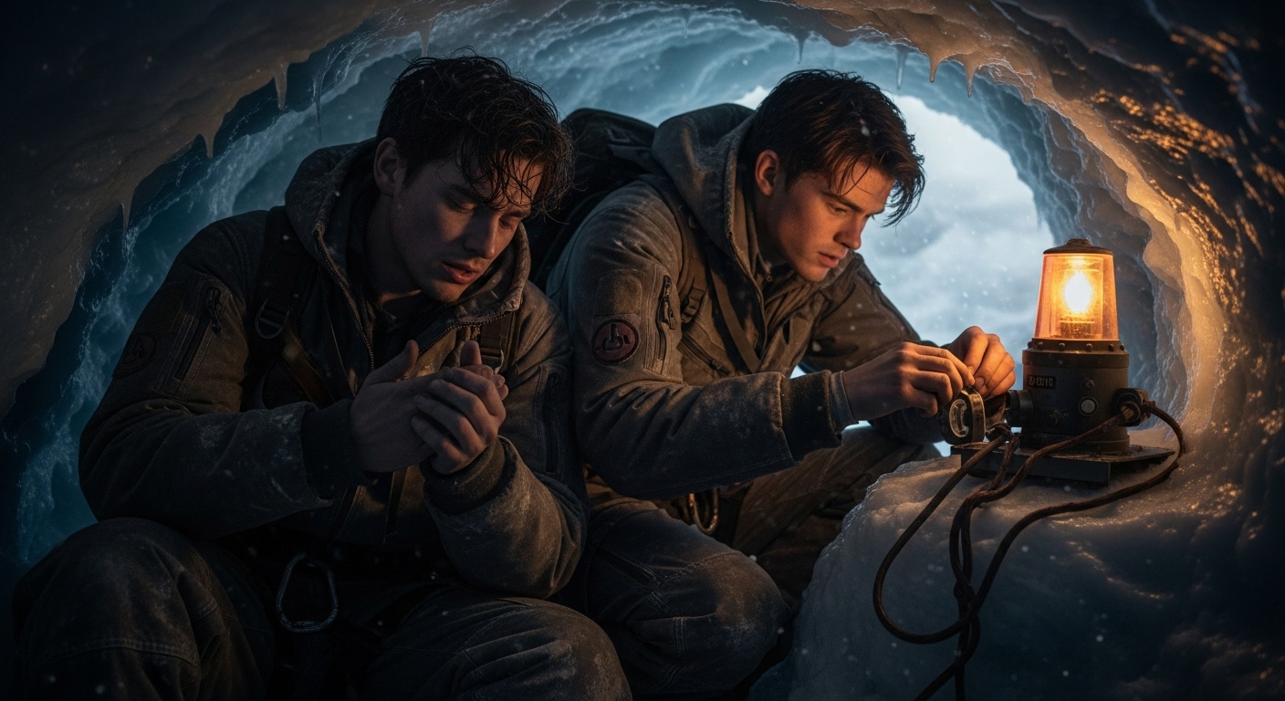 Two young men, Tobin and Danny, taking shelter in a small, icy cave, lit by an orange beacon, during a snowstorm on an alien world.