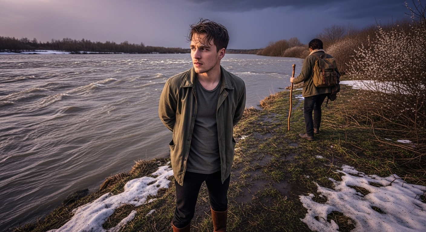 A young man reflects by a swollen river as another figure departs into the spring wilderness.