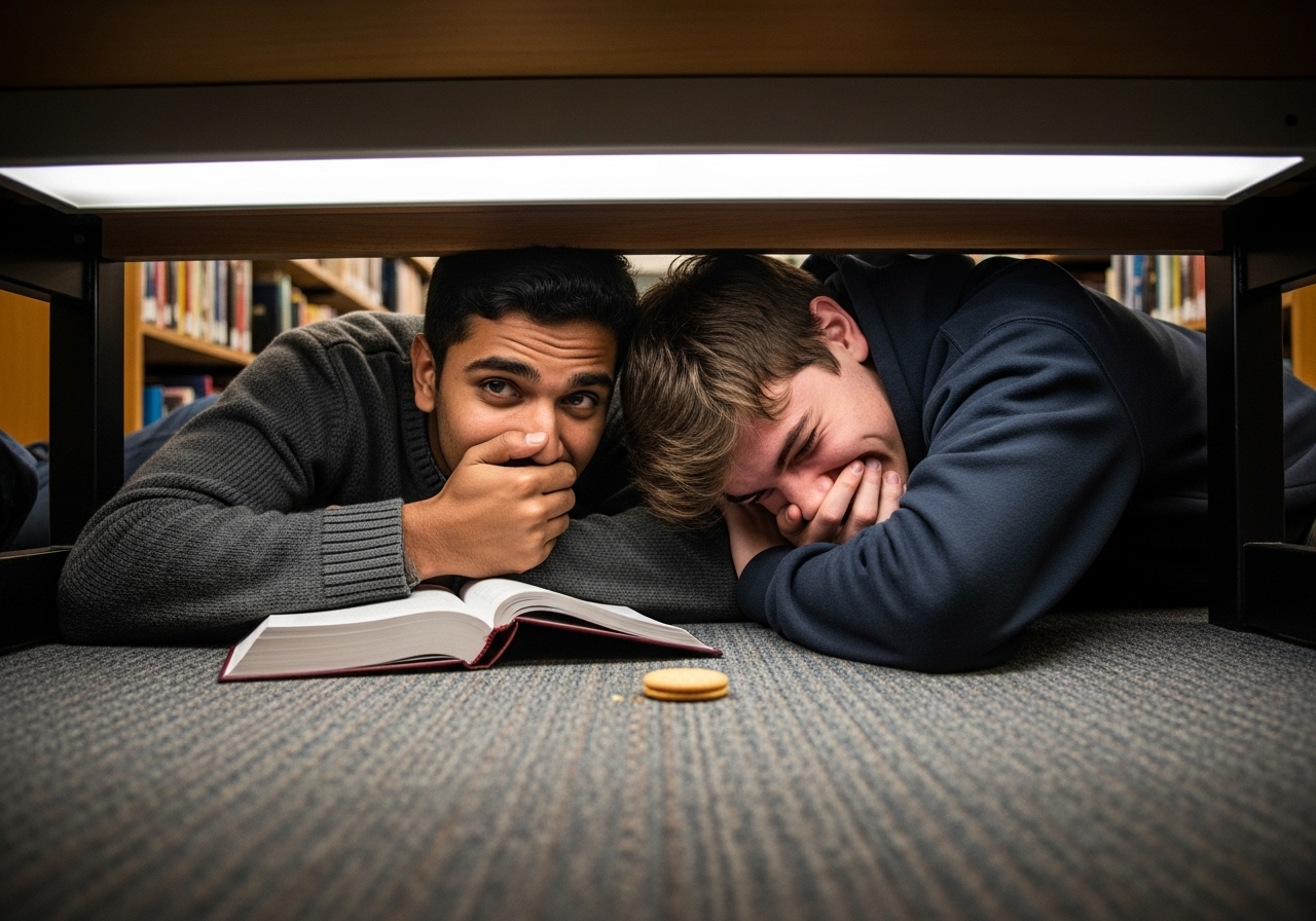 Two male students are hiding under a library desk, trying to stifle their laughter.