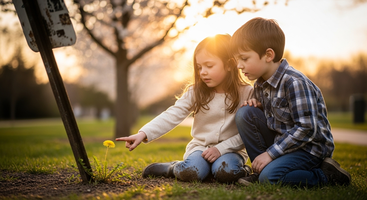 Two young children, a boy and a girl, kneeling in a spring park, examining a dandelion by a worn sign.