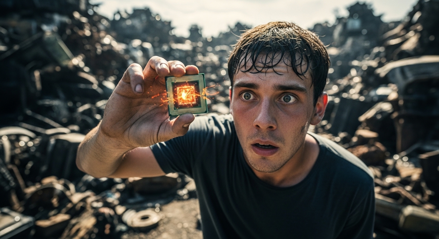 A young man, panicked, clutches a damaged data chip in a vast, dystopian junkyard.
