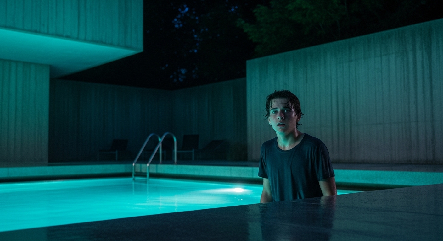 A tense teenage boy standing by a glowing turquoise swimming pool at night, surrounded by dark concrete walls.