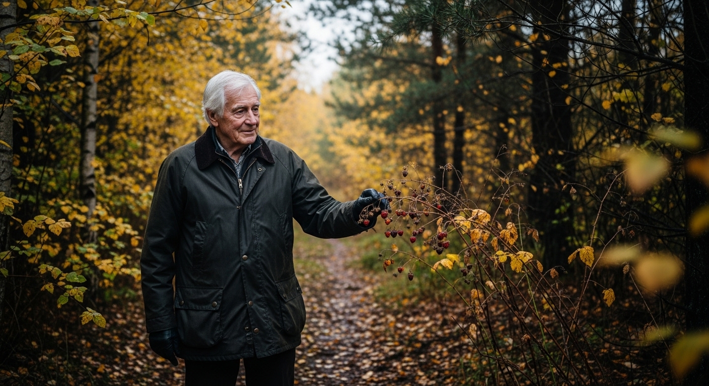 An elderly man examining a dead raspberry bush on an autumn trail in a forest.