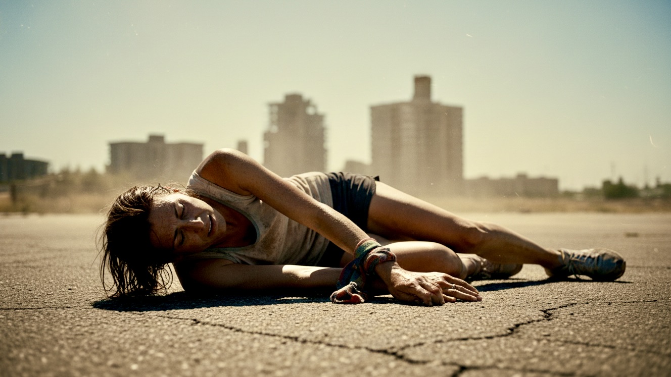 An exhausted runner collapsed on a broken street under a blazing sun in a dilapidated city.