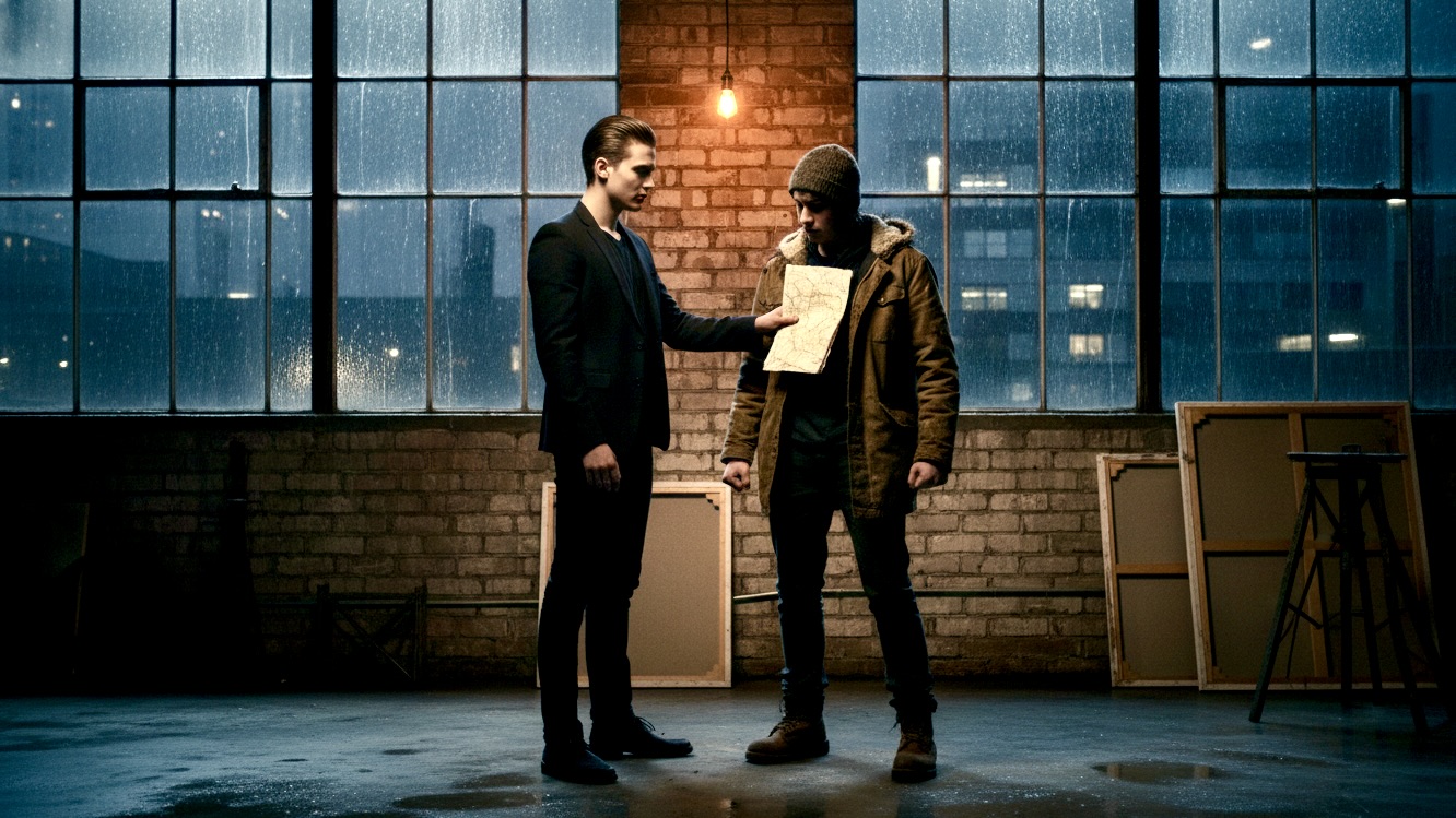 Two men standing close in a dark art studio looking at a map.