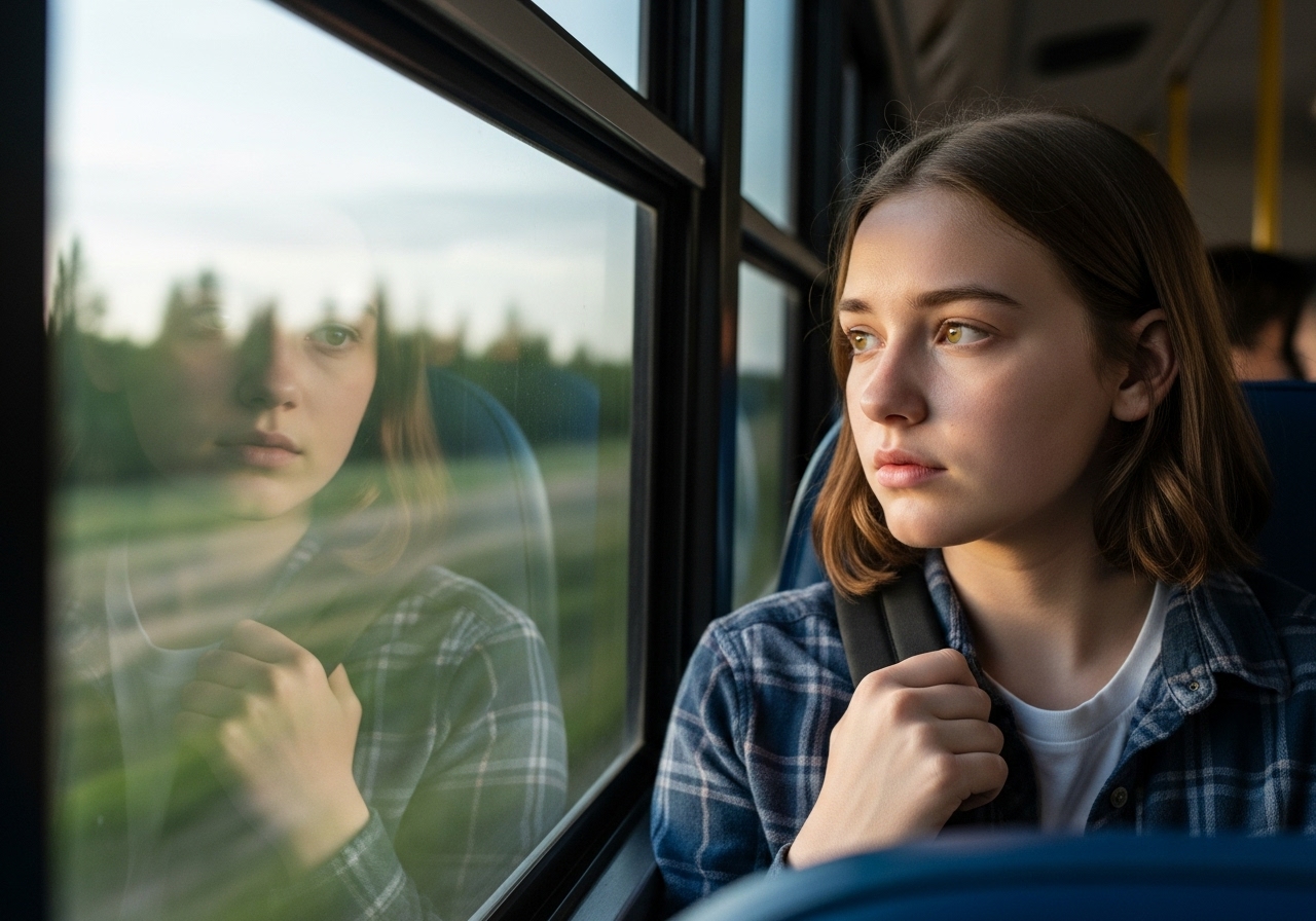 A young woman on a bus looks out the window, her face a mixture of hope and apprehension as she journeys toward a new life.