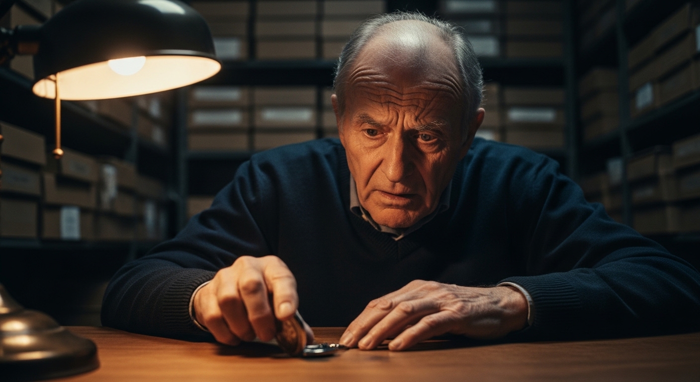 A close-up photograph of an elderly man's hand reaching for an open silver locket on a desk in a dark, cluttered archive.