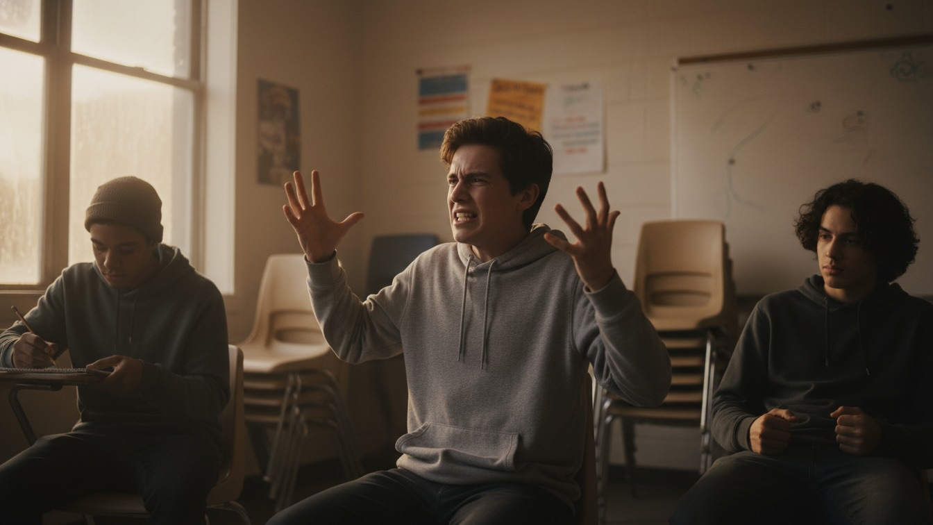 A group of diverse teenagers in a community center, engaged in an animated discussion. One teen gestures emphatically, another has clenched fists, and a third is sketching. The room is well-lit, showing their expressions of frustration and engagement.