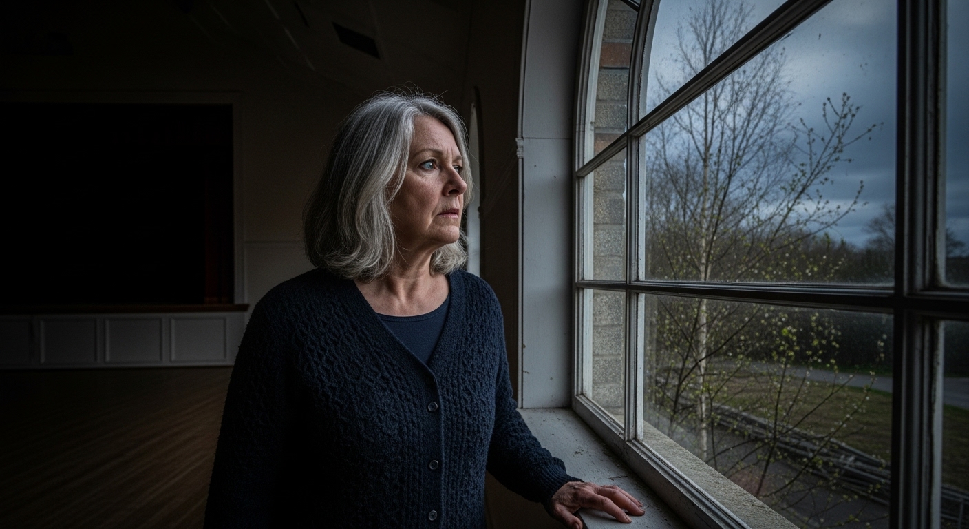 Senior woman, Sylvie, gazes apprehensively out an arched window at a darkening spring sky from inside an old hall.