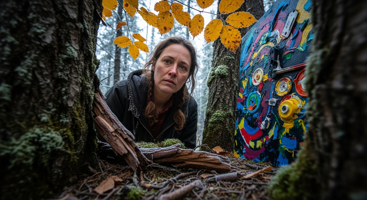 An adult woman observes a vibrant, hidden artwork in a somber, frost-kissed autumn forest.